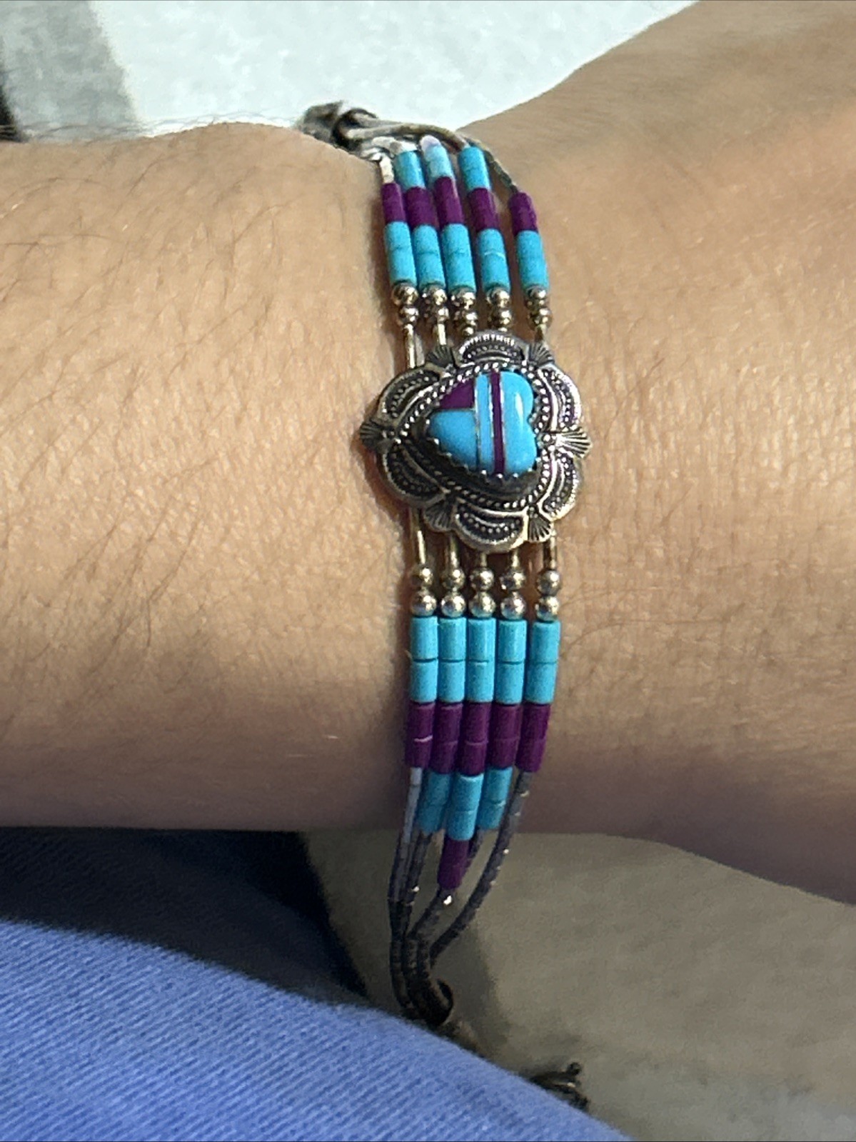 Vintage Sterling Silver Purple & Blue Turquoise Heart Inlay 925 QT Bracelet 🩵