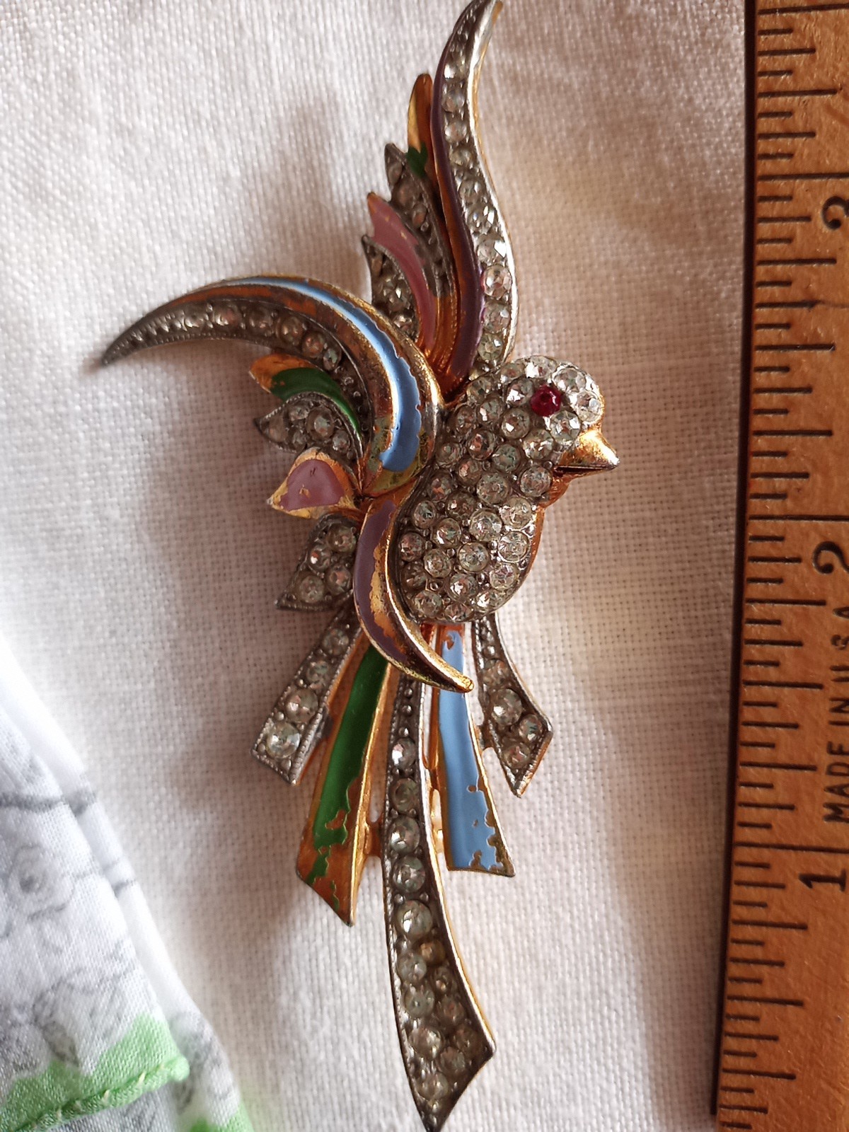 Vtg Coro? Clear Red Rhinestone Pink Blue Enameled Green Paradise Bird Brooch Pin