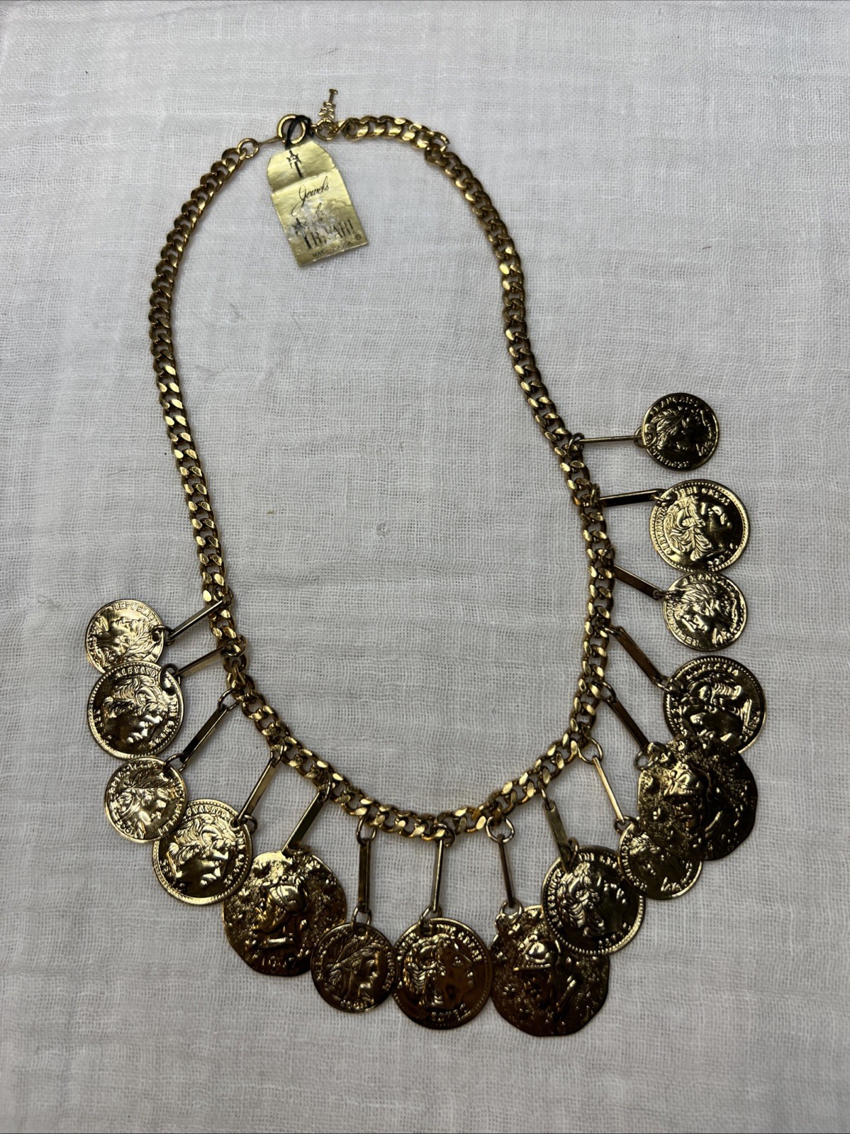 VTG NWT Crown Trifari Jewels Antique Gold Roman Coin Bib Necklace 15” 1978-85