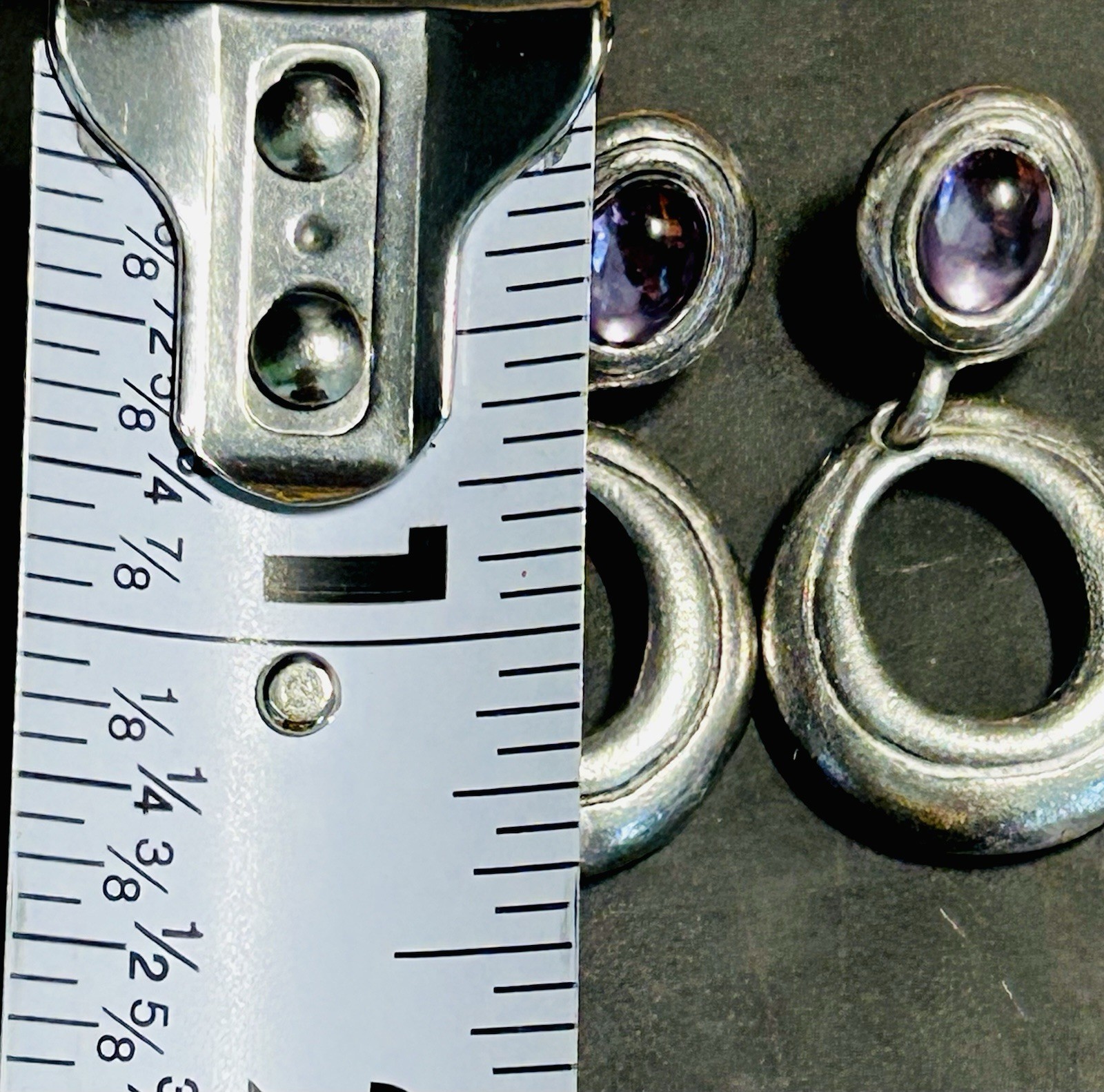 Vntg Sterling Door Knocker Dangle Post Earrings Purple Glass Cabochon 12.85 G