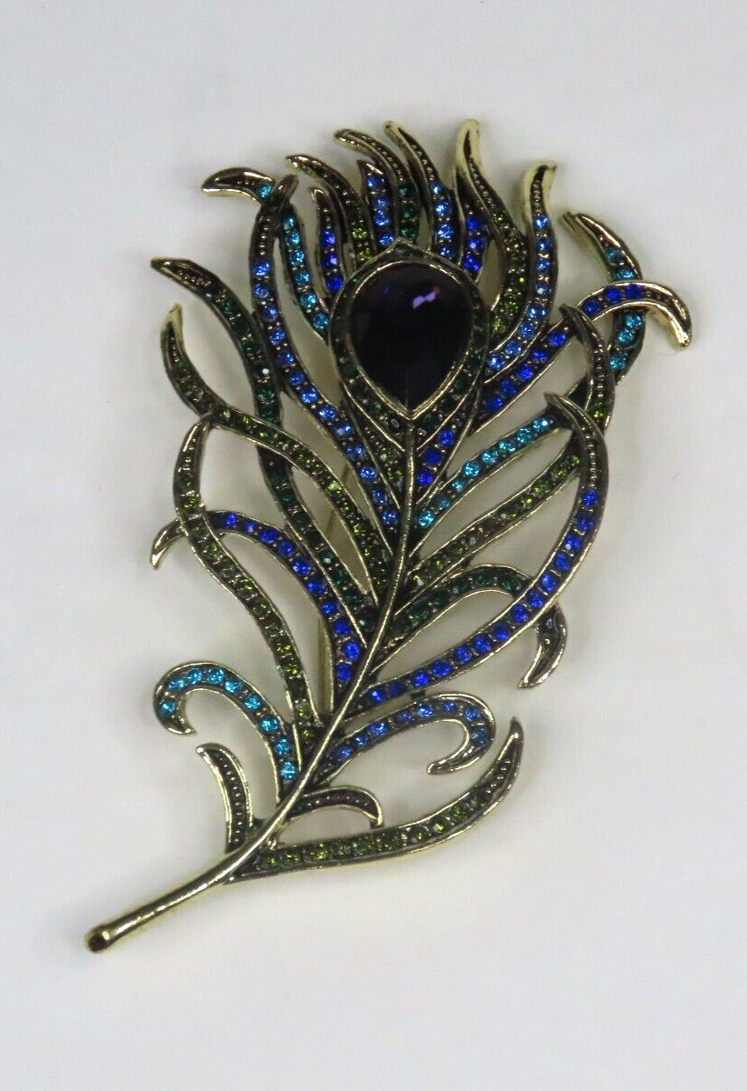 Rosemarie Collection Blue, Green, Aqua, and Purple Rhinestone Feather Brooch