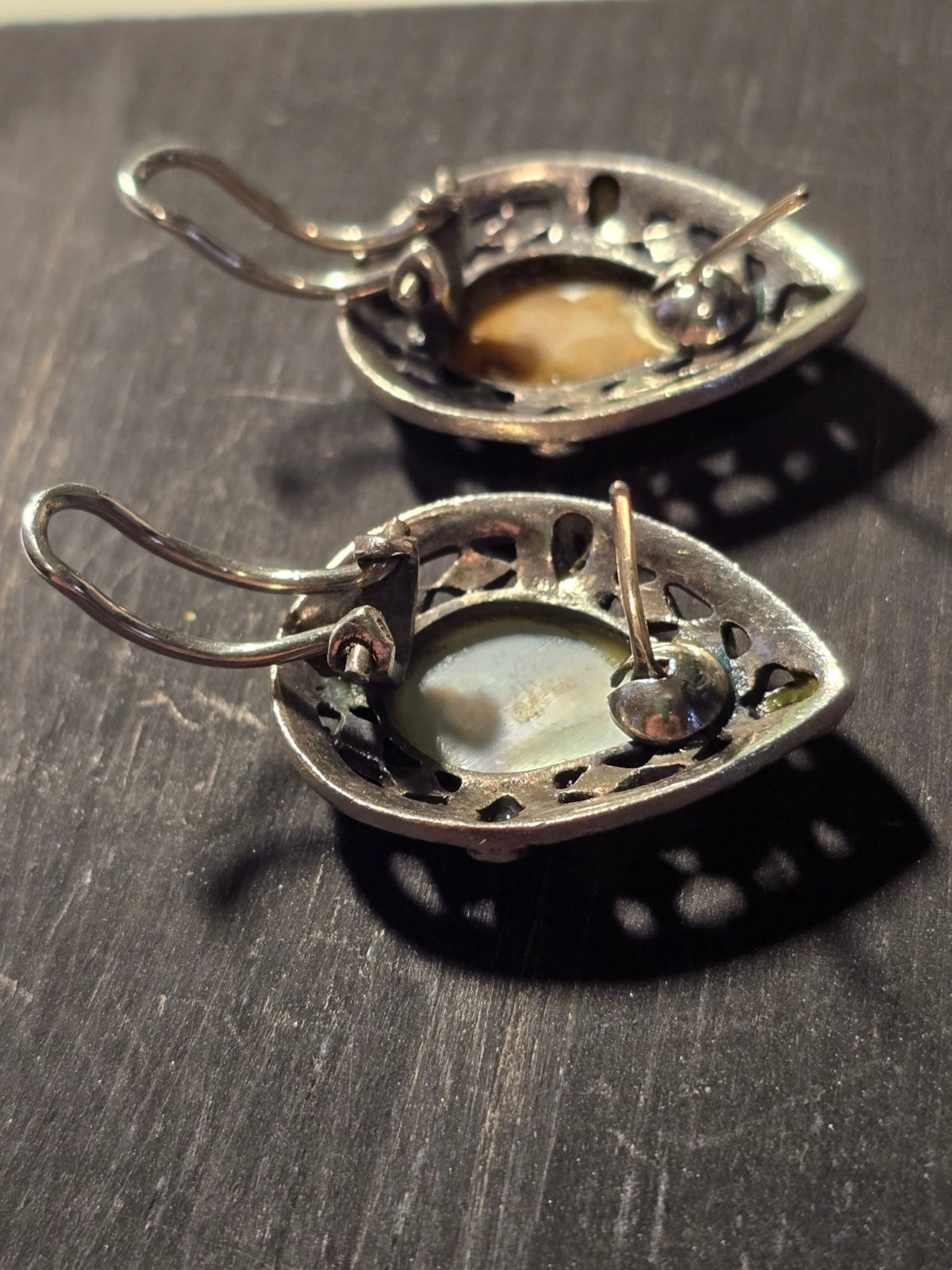 Vintage 1950’s Sterling SIlver .925 Marcasite Mother of Pearl Tear Drop Earrings
