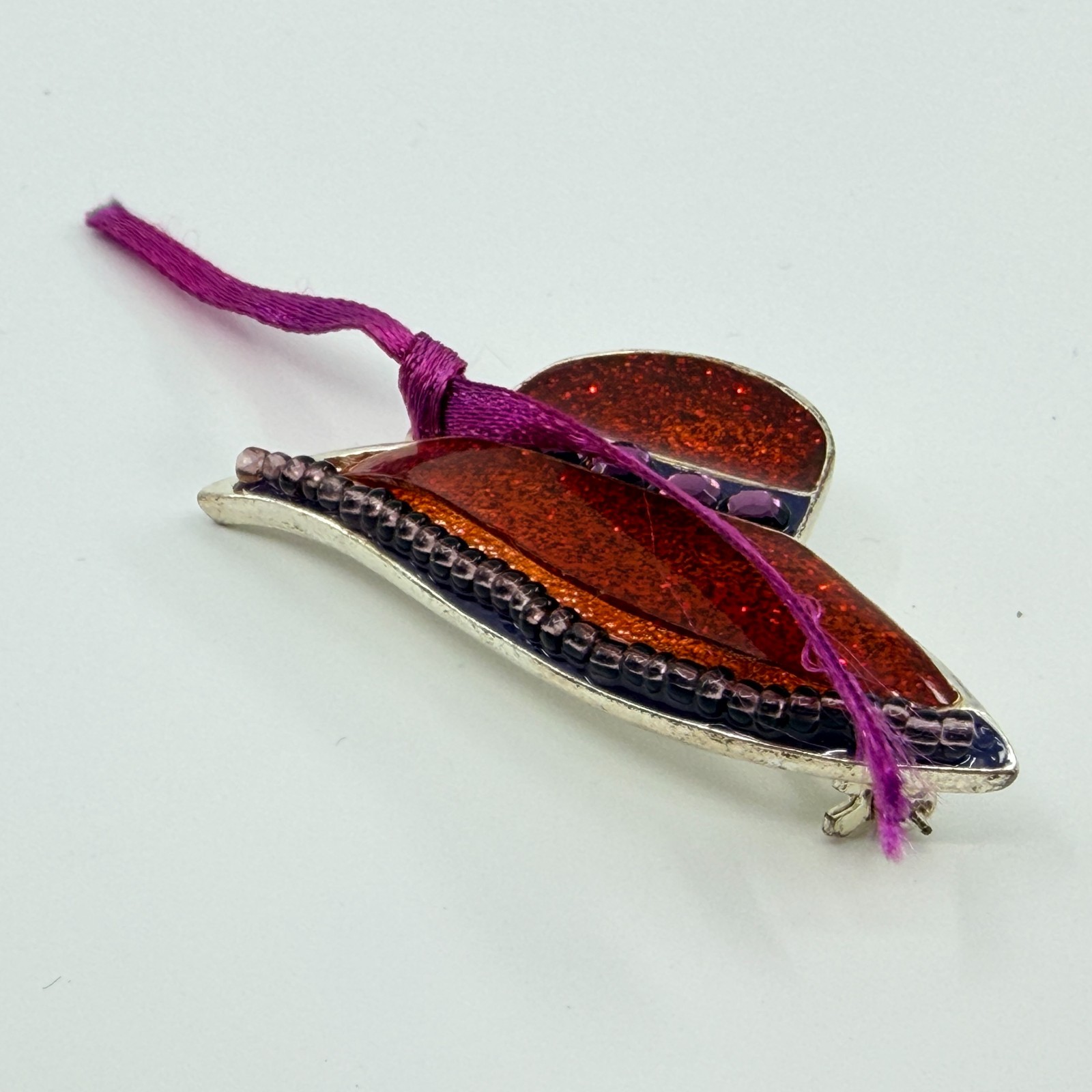 Vintage Chico’s Red Glitter Enamel Sun Hat Brooch Purple Ribbon Beaded Pin
