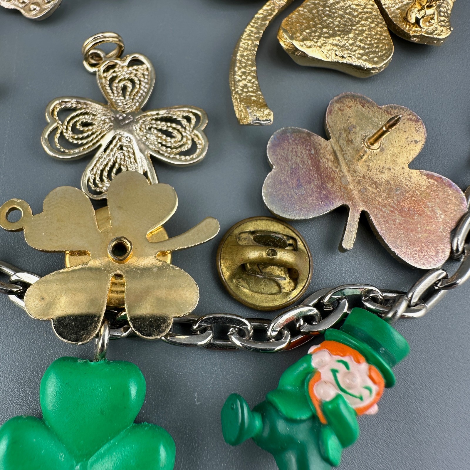 Vintage St. Patricks Day Jewelry Lot Shamrock Brooches Leprechaun Necklace Rings
