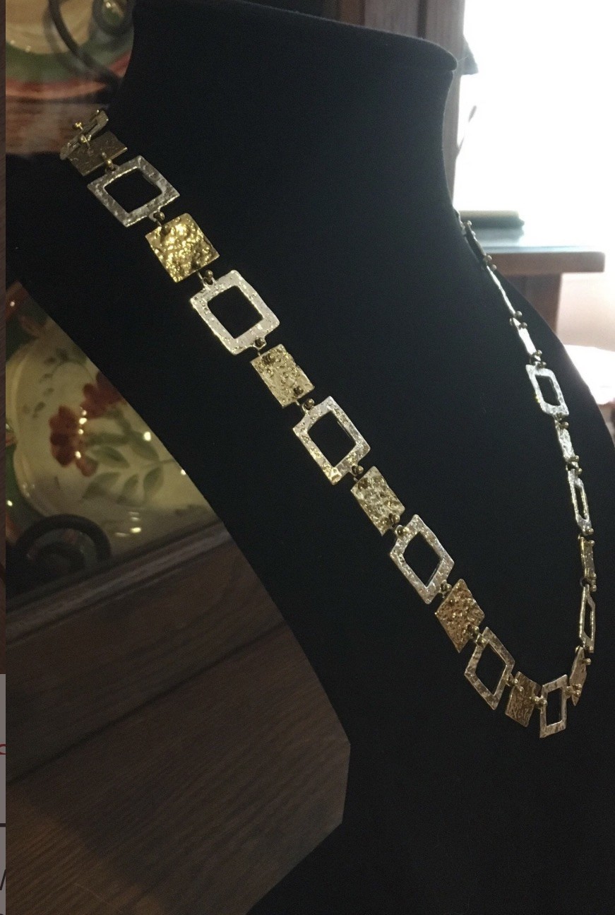 Vtg Anne Dick Brutalist Necklace Sterling Silver Brass Squares 23″ Modernist