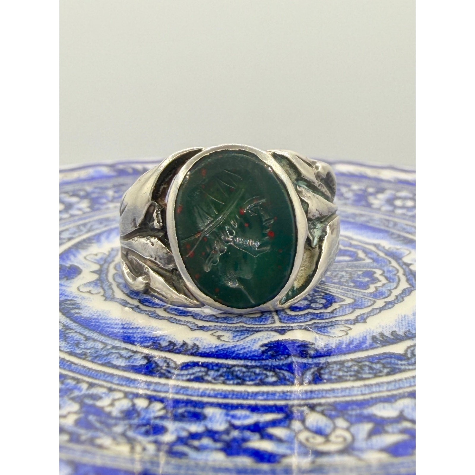 Vintage Bloodstone Intaglio Ring Classical Warrior Size 6.5