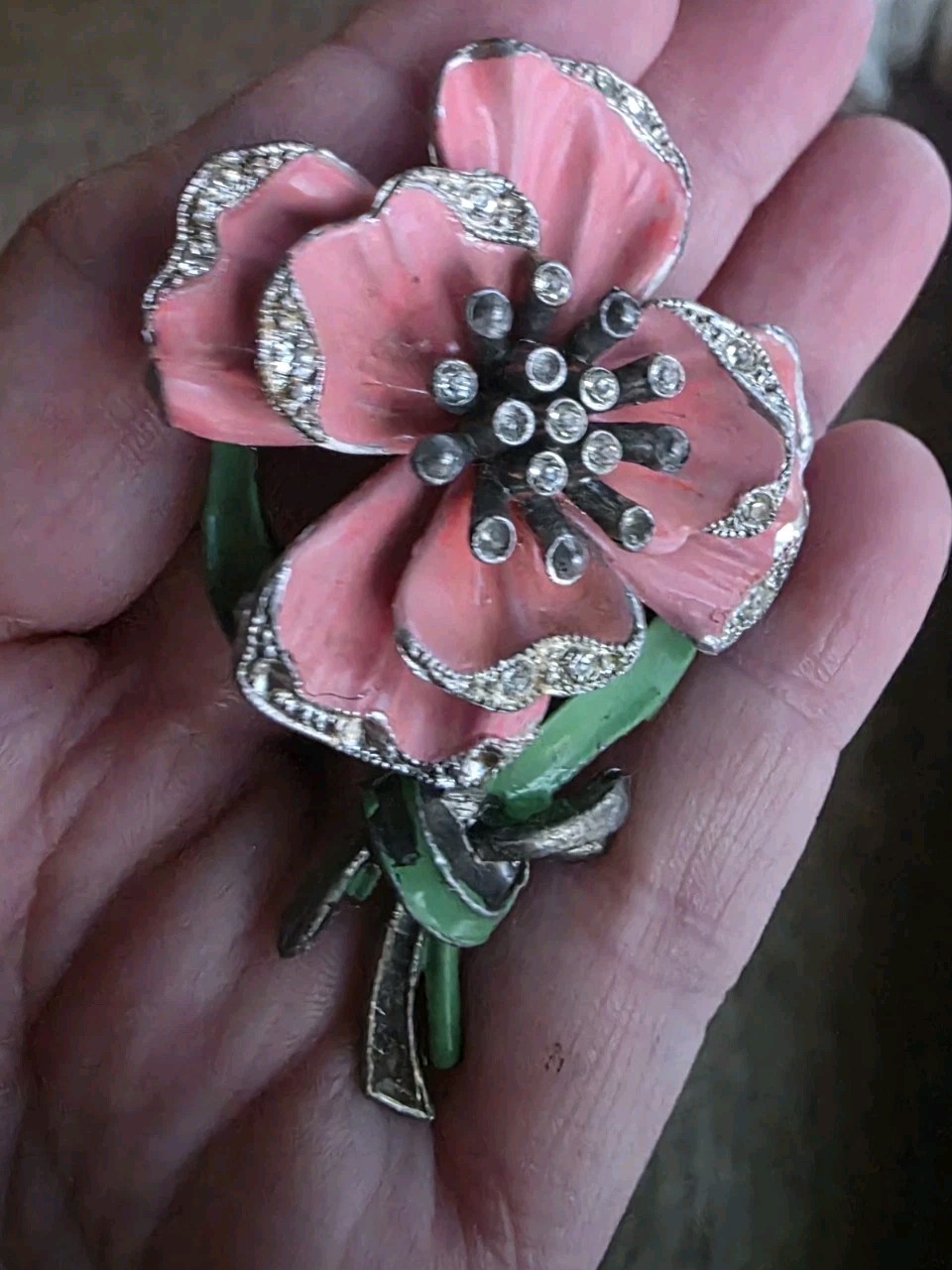 New England Glass Works Trembler Brooch Peach Flower Enamel Pot Metal