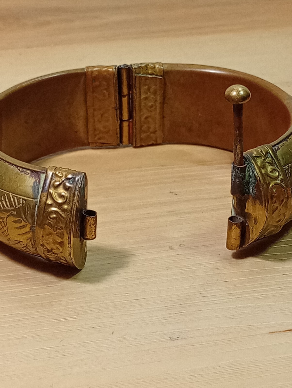 Vintage hinged brass bangle bracelet with etchings/ pin closure Morocco Or India