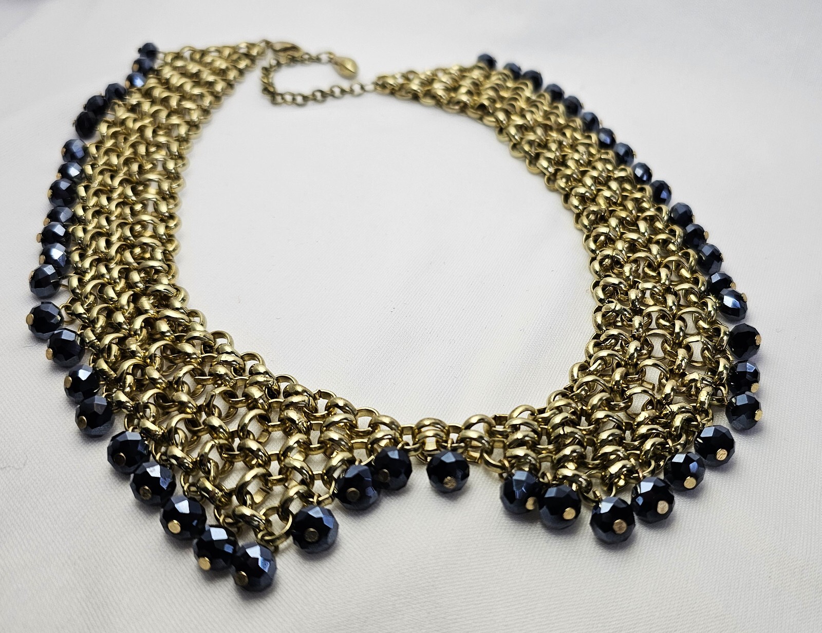 Gold Tone Chain Mail Blue Bead Bib Necklace Collar Fringe Dangling Beads Vintage