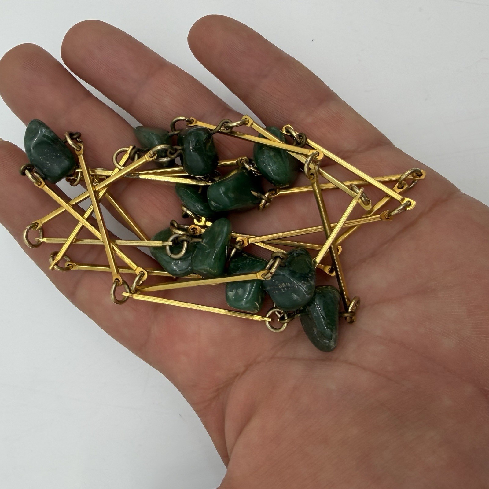 VTG Jade Bar Link Necklace Estate Deep Green Gemstone Flapper 40