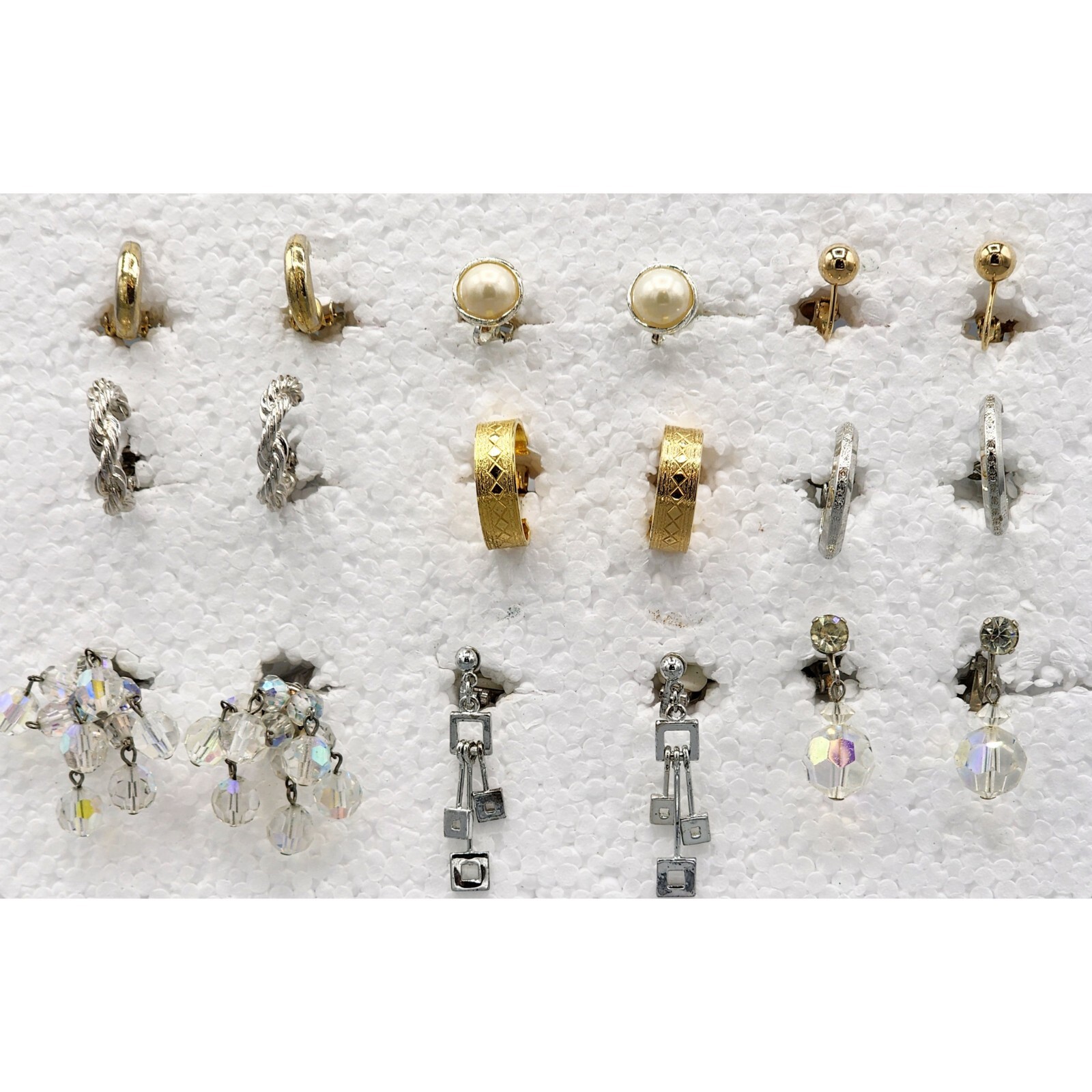 Lot 9 Prs Vtg Mid Century Clip Earrings Napier Dangle Gol/Silver Tone AB Crystal