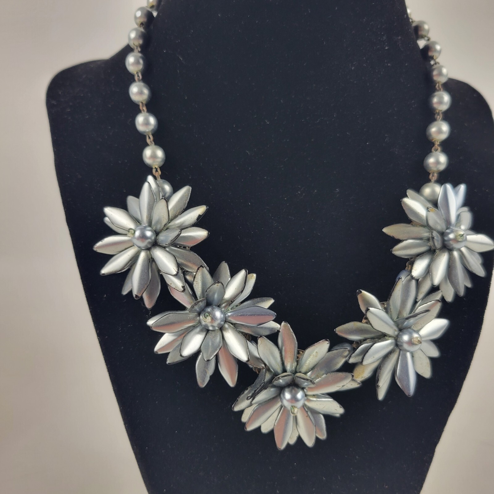 Vintage West Germany Silver Toned Floral Cluster and Faux Pearl Necklace