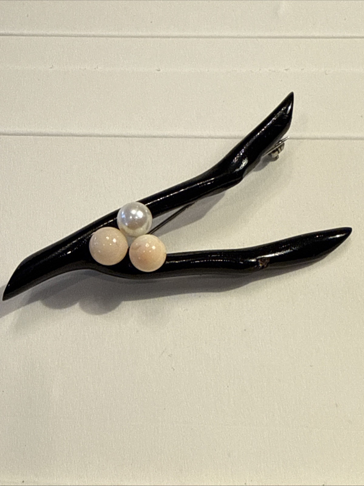 Natural BLACK BRANCH CORAL Brooch Pin with White Pearl & Coral 2.5″