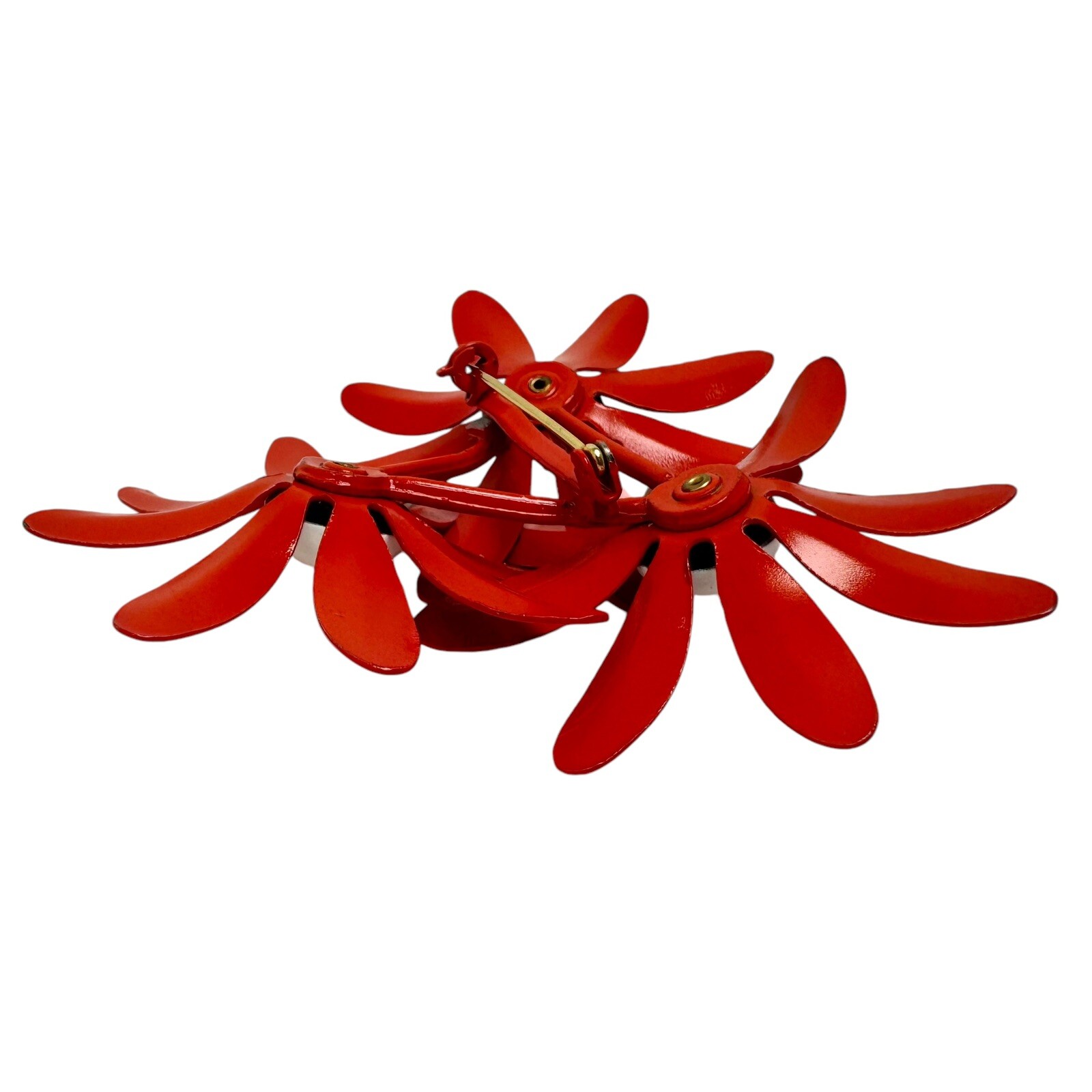 Vtg Metal Enamel Daisy Flower Brooch Pins White Brown and Triple Red White