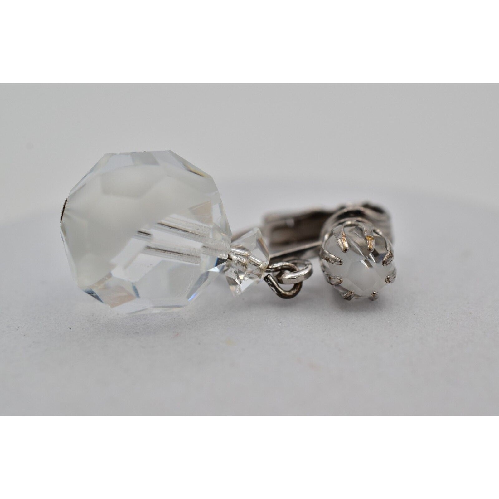 Vintage Crystal Clip On Earrings Silver Dangle Clear Ball Drop Glam 1950s A24