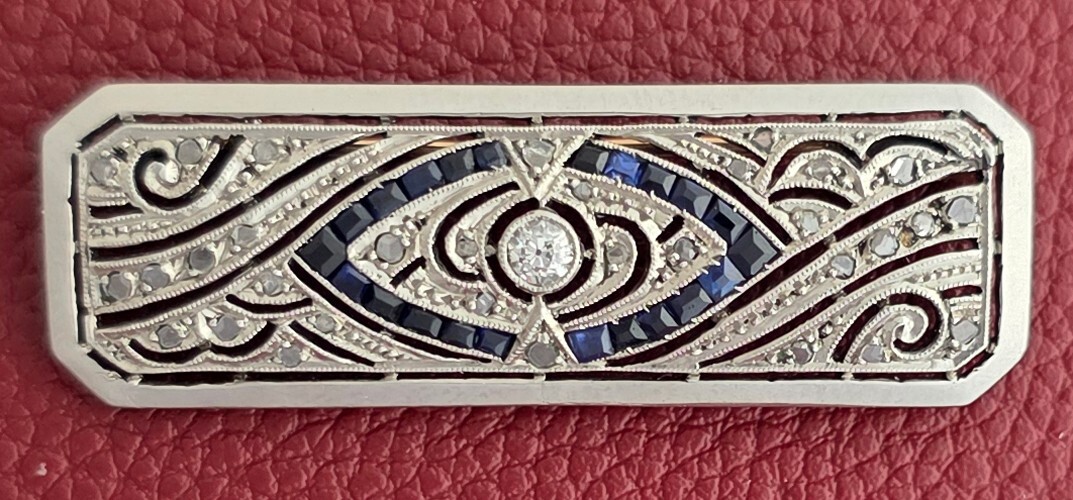 Antique Old European Cut Diamond & Blue Sapphire Platinum & 14K Gold Pin/Brooch