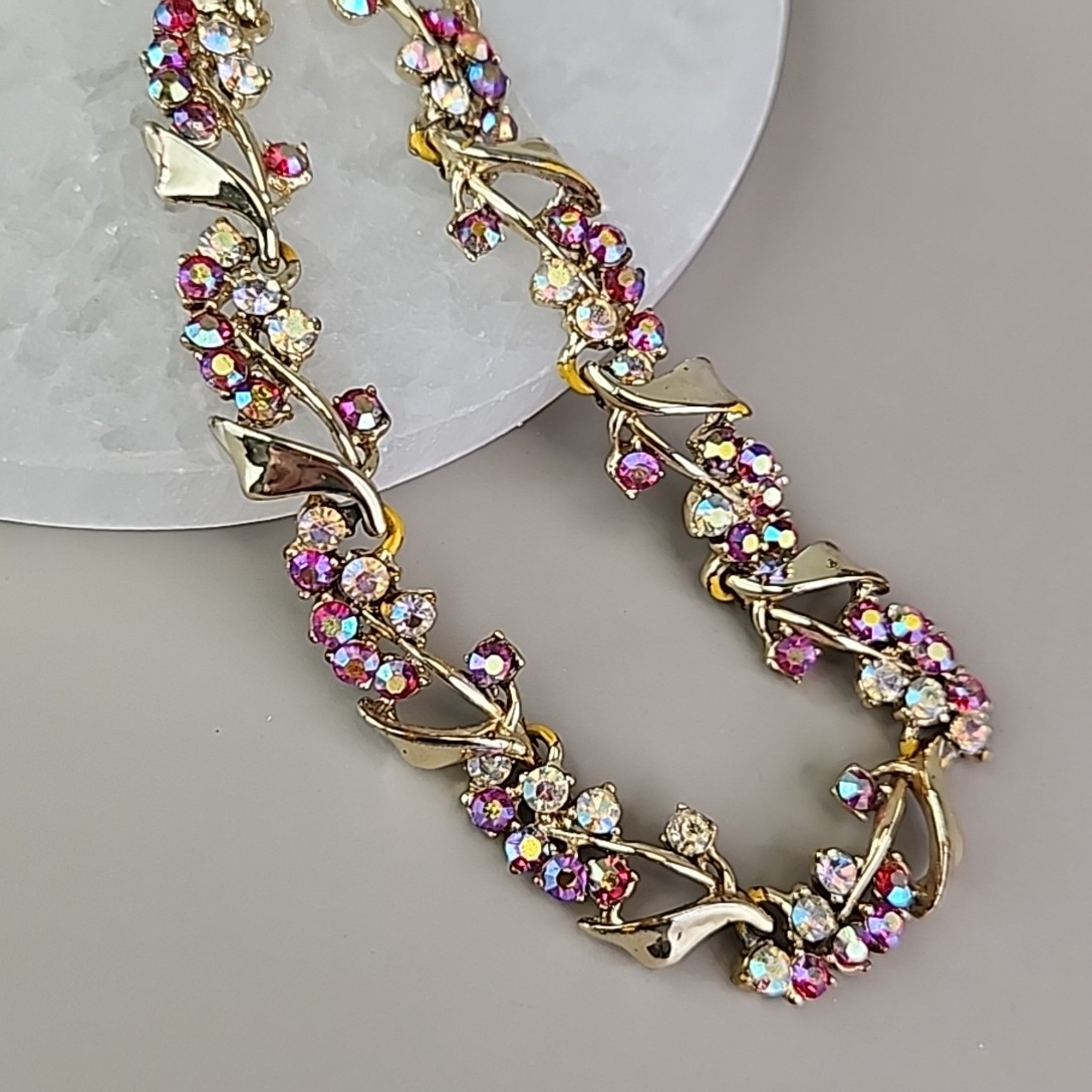 Vintage BSK Rhinestone Necklace AB Red Gold Tone Choker 16″