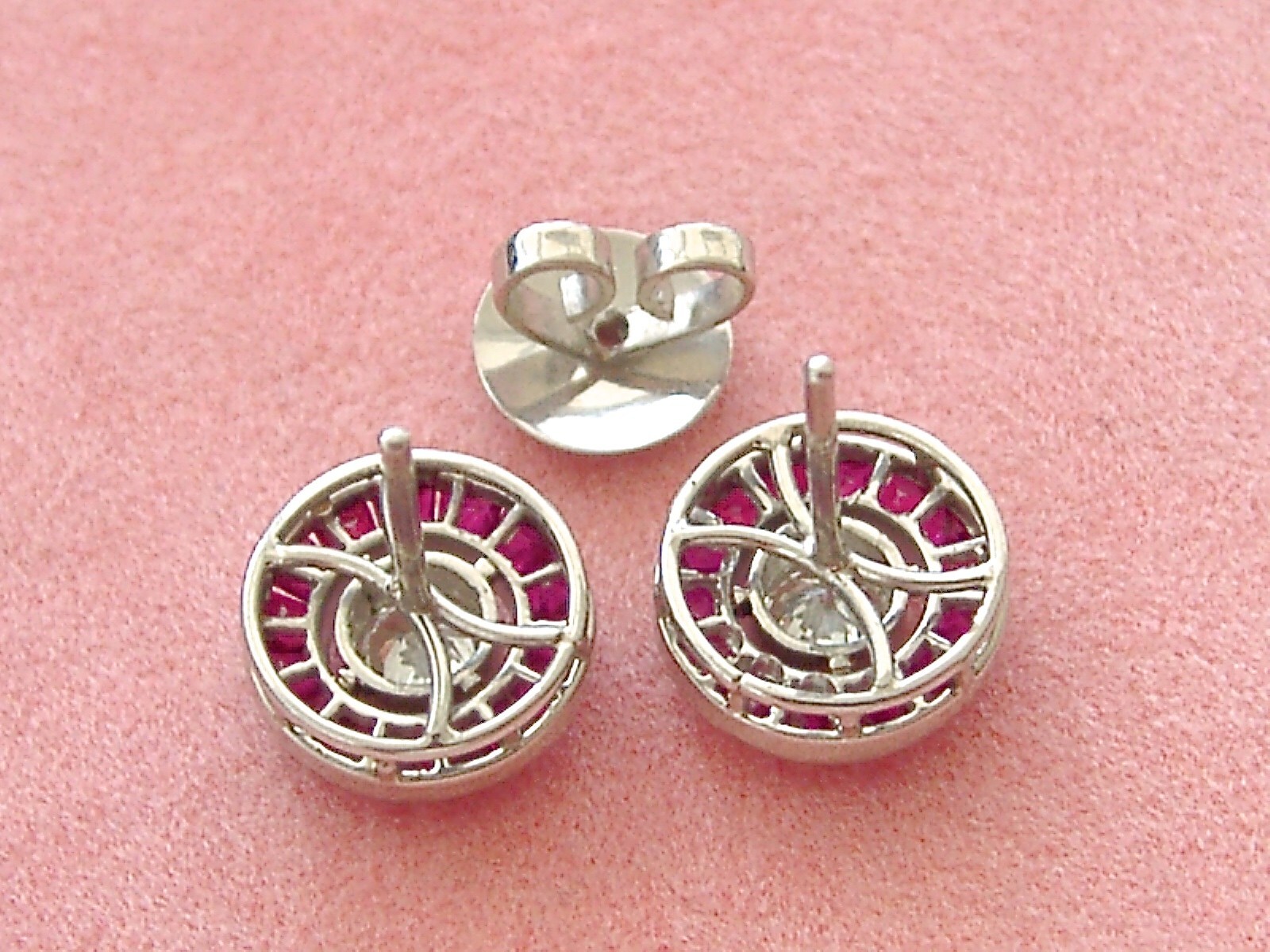 ART DECO STYLE .46ctw DIAMOND w/ RUBY HALO PLATINUM 9.5mm EVERYDAY STUD EARRINGS