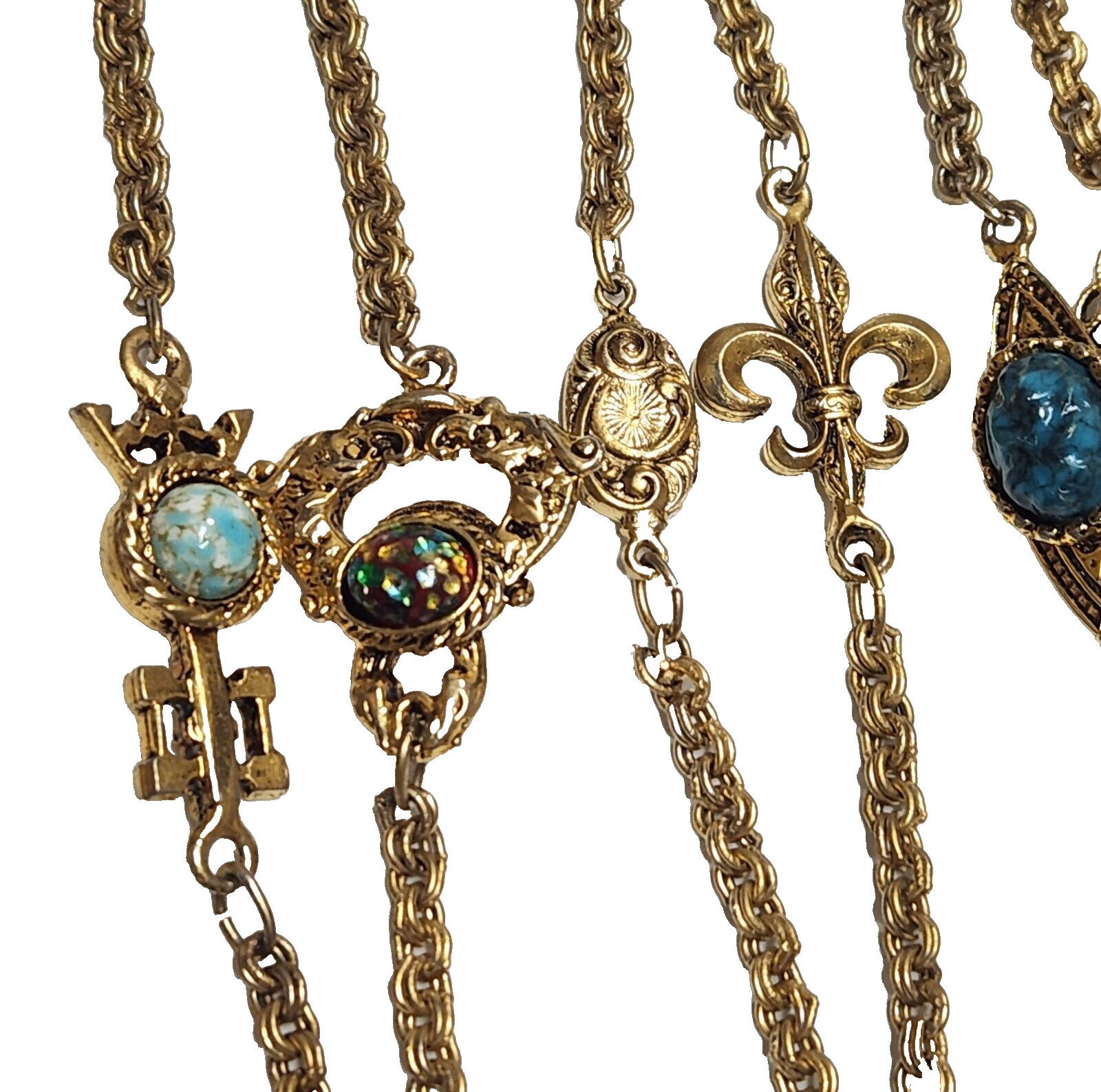 Vintage Unsigned Goldette Fluer de Lis, Faux Gemstone. Key Station Necklace 54″