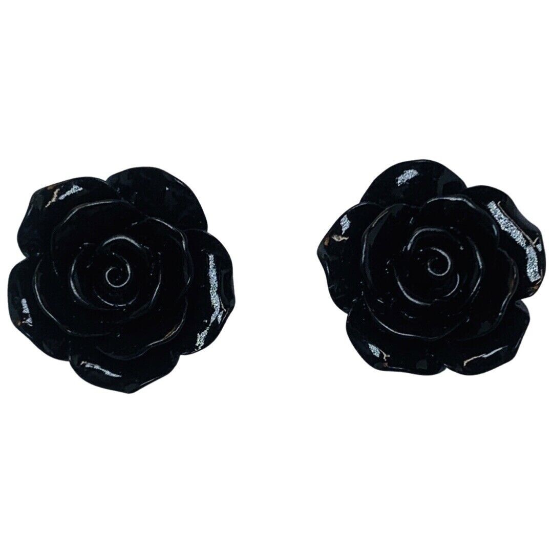 Black Rose Earrings Flower Button Stud 1″ Pierced Lucite Gothic Punk Indie