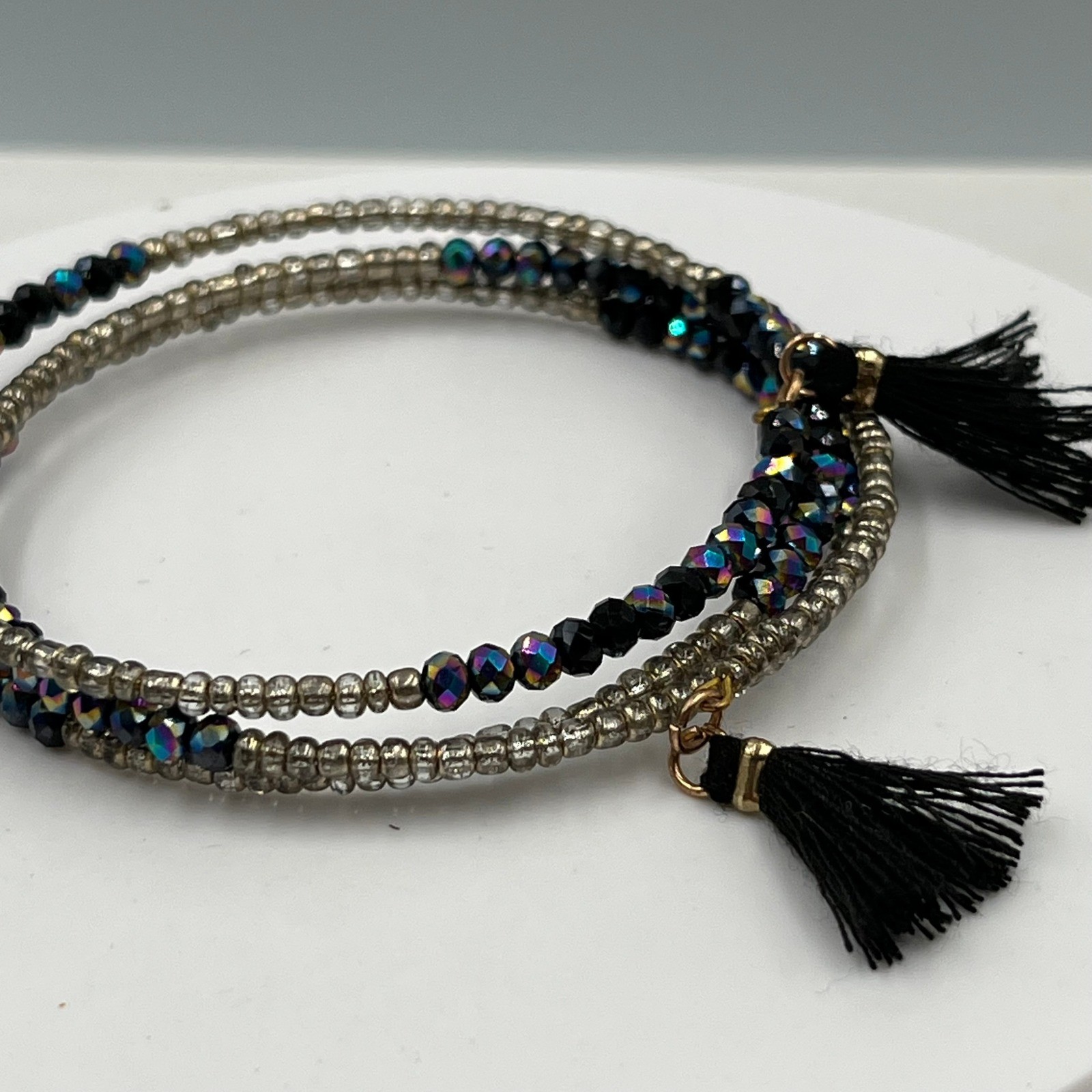 Vintage Black Iridescent Seed Bead Wrap Bracelet Silver Tone Tassel Multi-Strand