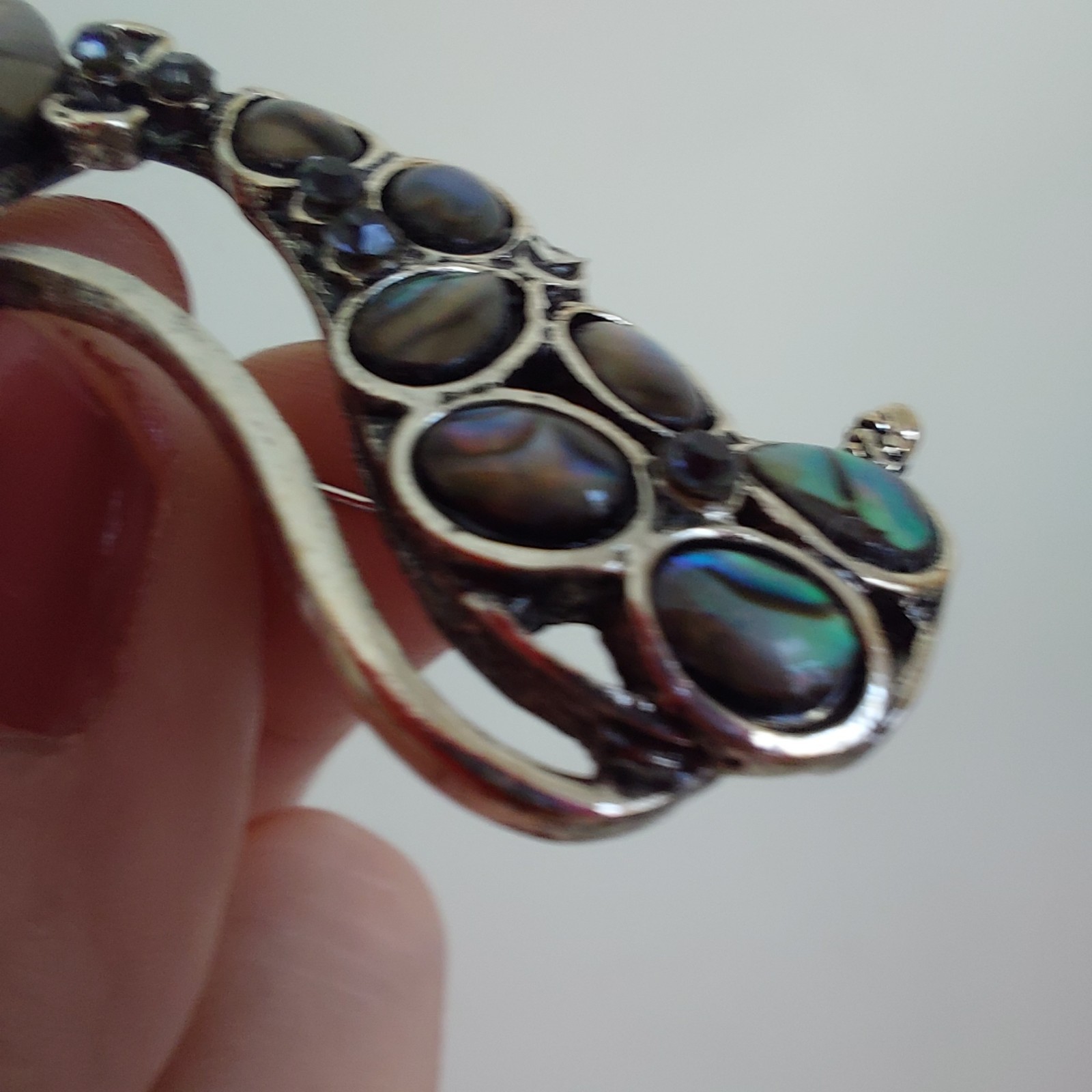 Whimsical Retro Cat Brooch Faux Abalone Silver Tone MCM Style 2″