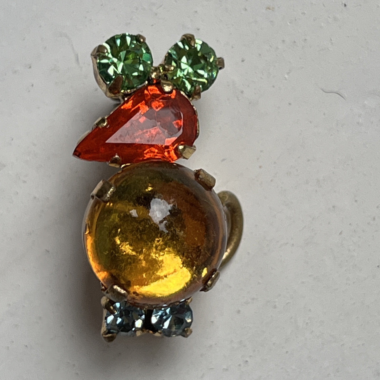 Vintage Made In Austria Mouse Brooch Prong Set Cabochon & Faceted Crystals