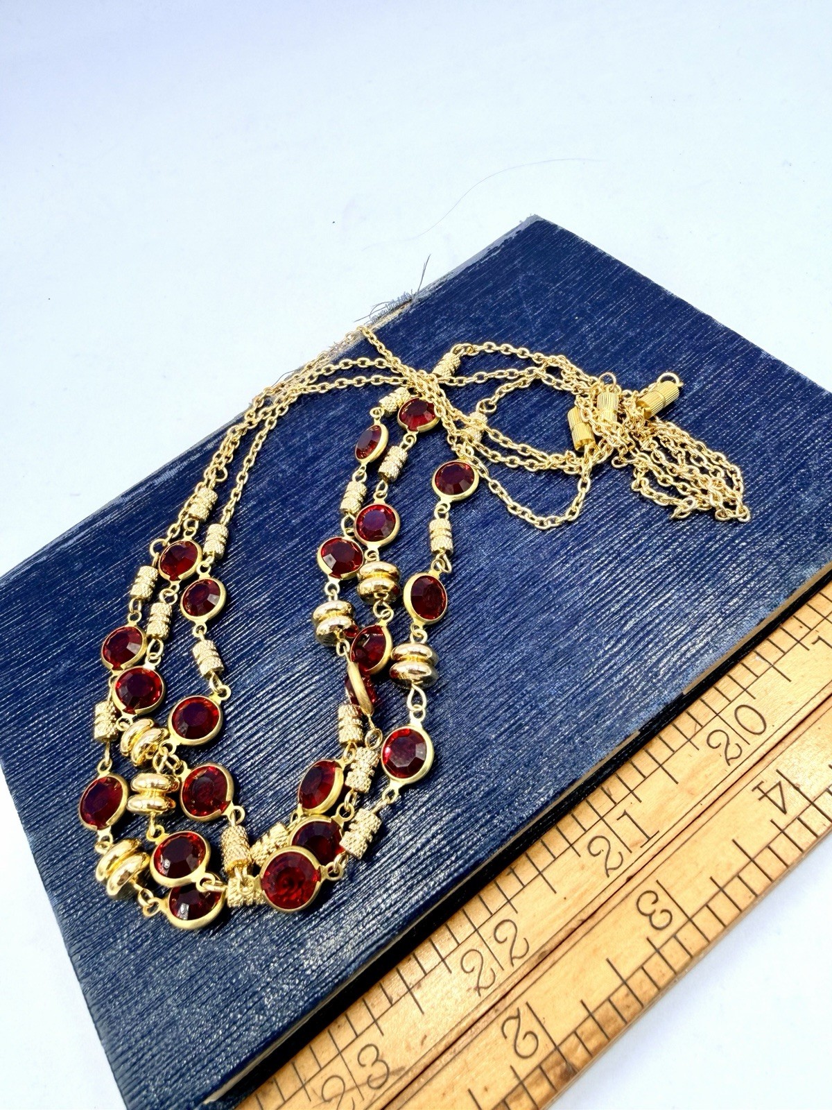 1 Pc Vintage Gold NOS Made With Red Swarovski Crystal Chain Necklaces 18” KR