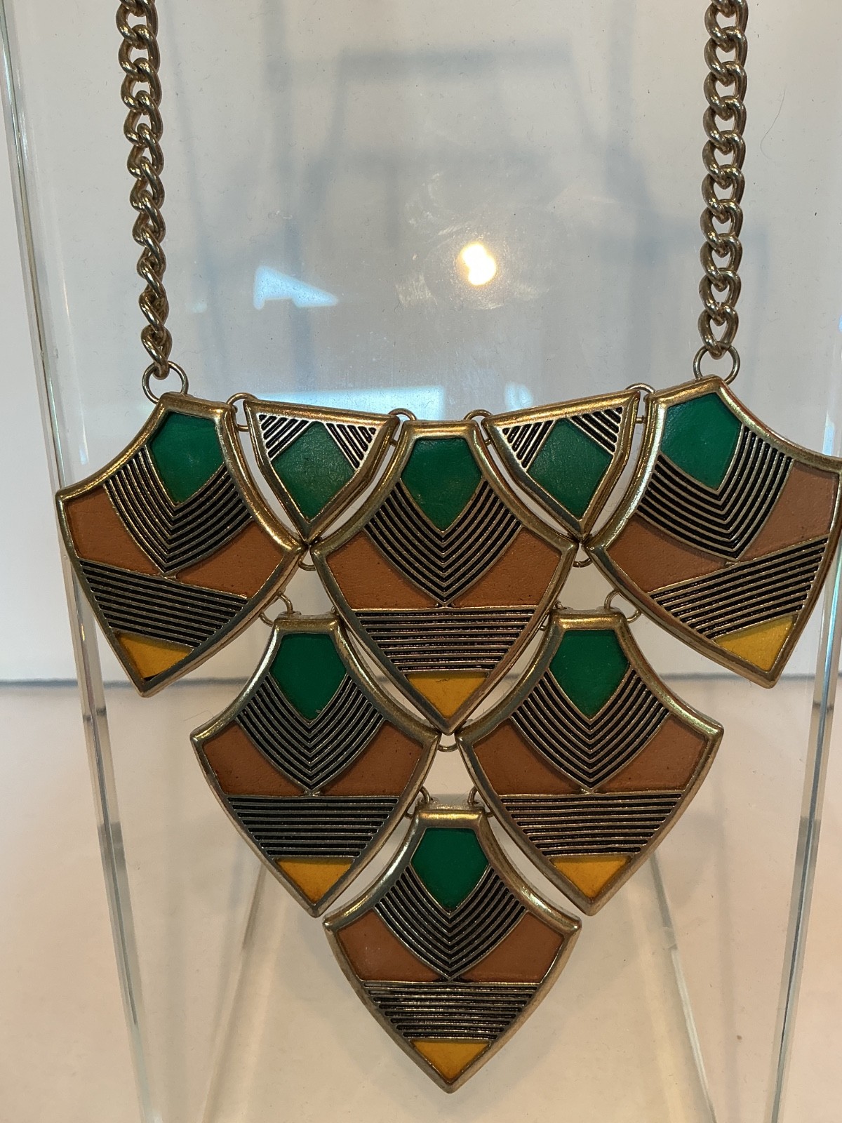 Vintage Art Deco Geometric Bib Statement NECKLACE, fan & chevronm earth tones
