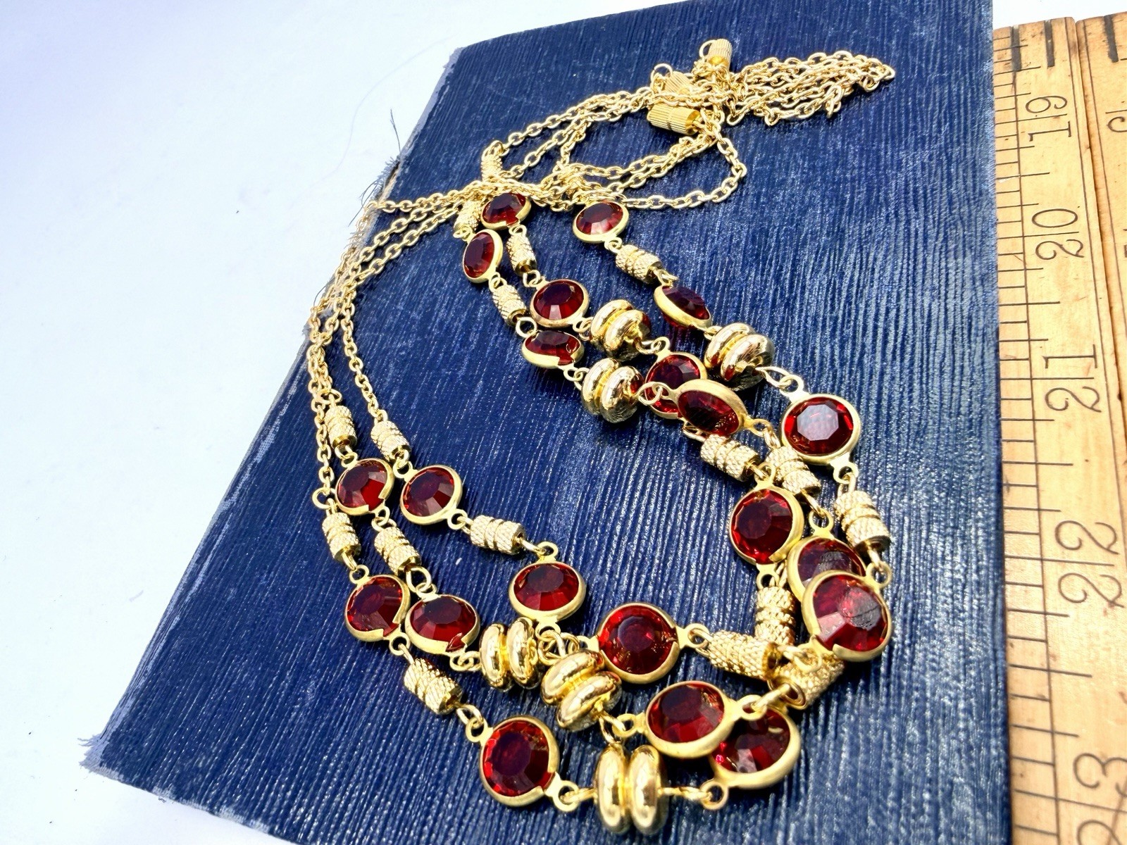 1 Pc Vintage Gold NOS Made With Red Swarovski Crystal Chain Necklaces 18” KR