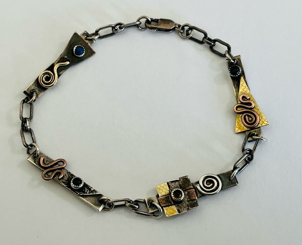 Vintage Signed MA Modernist Mixed Metal Sterling Silver Stone Link Bracelet