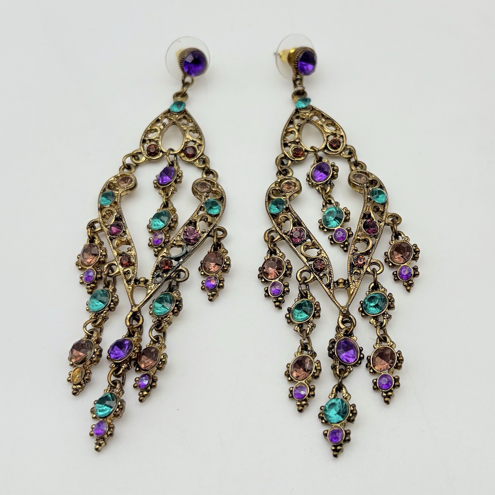 Long Vintage Dangle Drop Post Gold Tone Earrings Teal Purple Brown Rhinestones