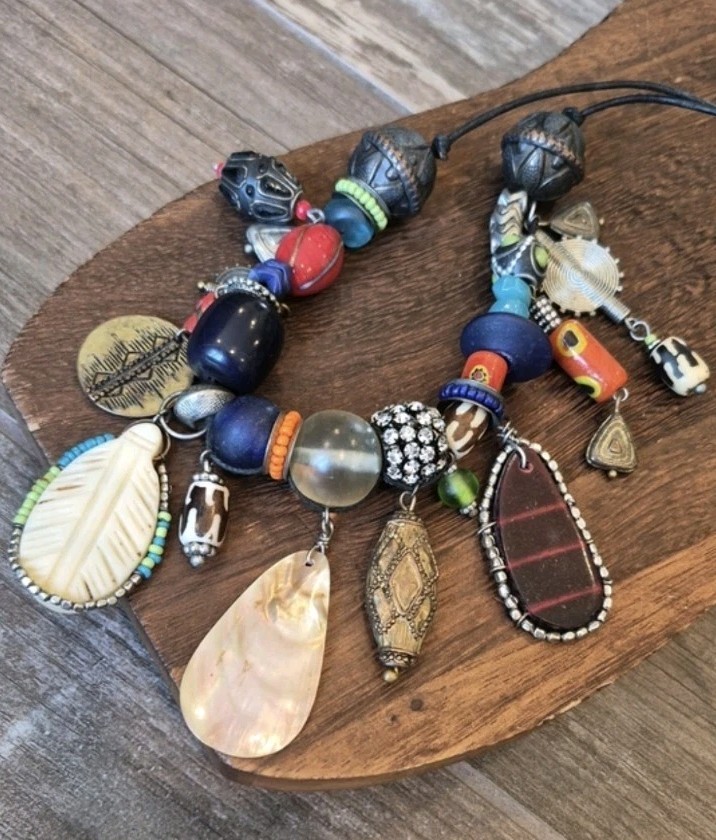 Vintage Eclectic Charm Bead Adjustable Length Leather Cord Necklace