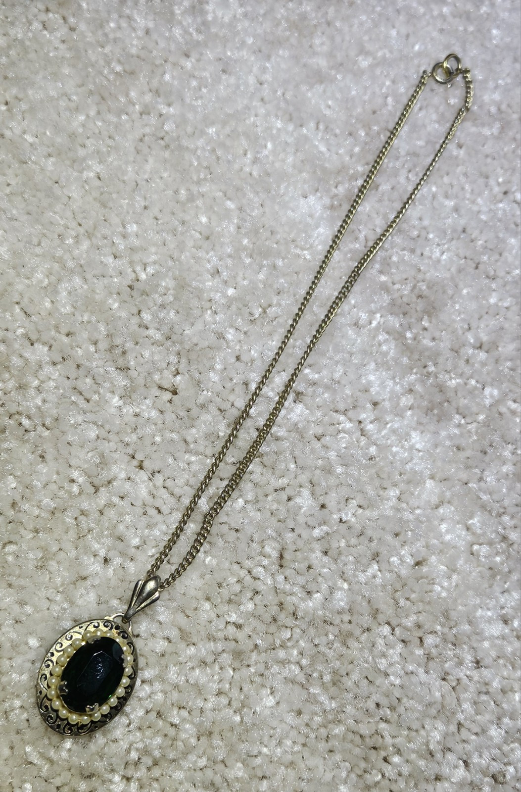 Vintage Emerald Pendant with Pearl Accents On Decorative Gold Tone