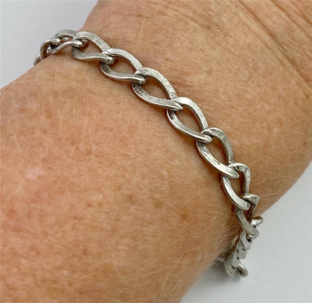 Vintage Beau Sterling Textured & Polished Links Starter Charm Bracelet 7.5″ Long