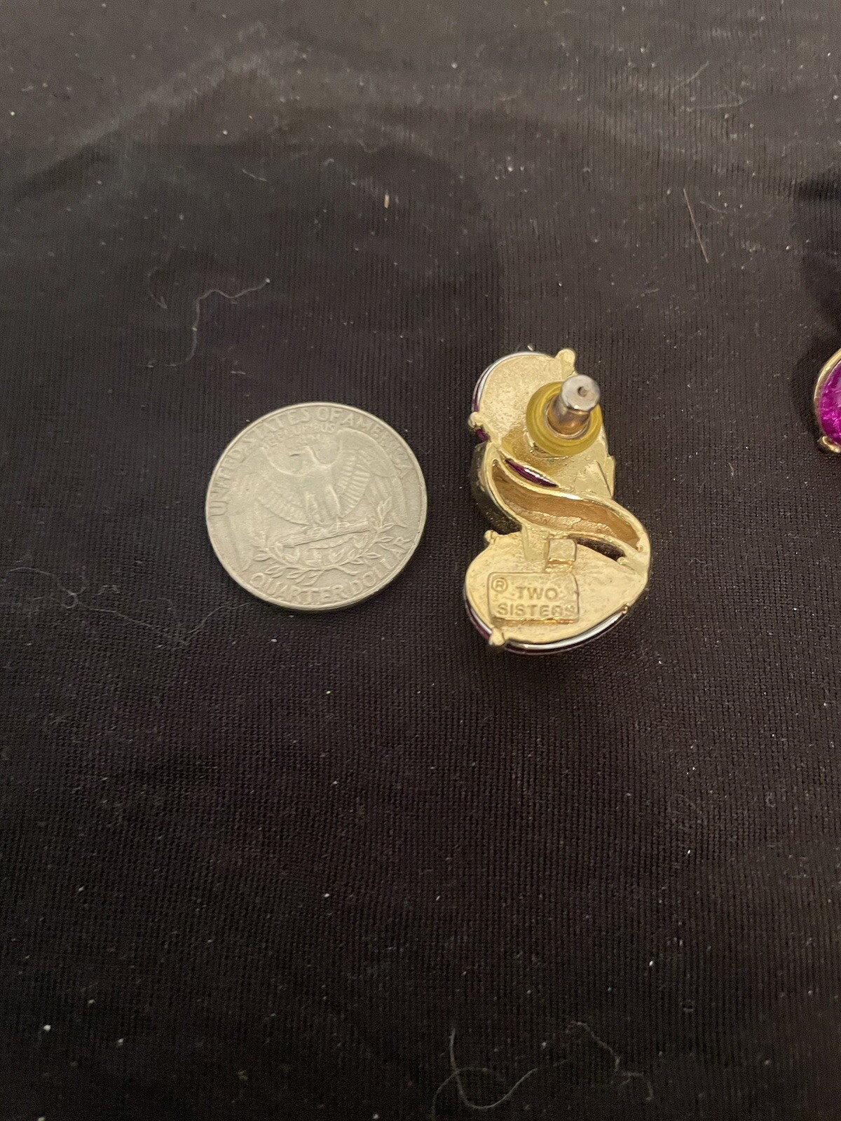 Vintage Two Sisters Fuchsia Red Purple Stones Gold Tone Earrings w/Gift Box