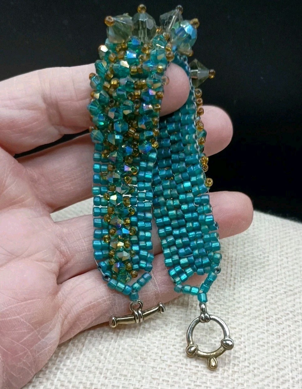 Vintage AB Peacock Beaded Bracelet Cha Cha Party Bow Bicone Glass Blue Green 7″