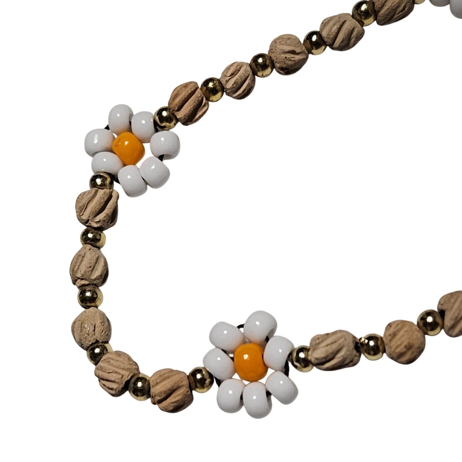 Handcrafted Retro Daisy Beaded Necklace Wood Metallic Beads 60s 70s Fashion