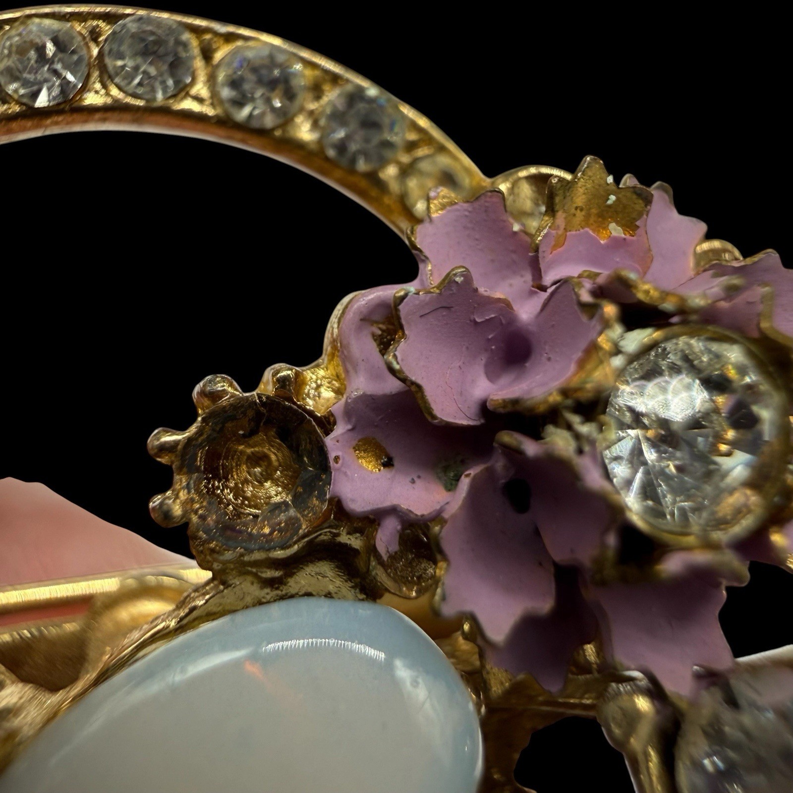 Circle Wreath Enamel Flower Opalescent Heart Rhinestone Pin Brooch As Is 1960s
