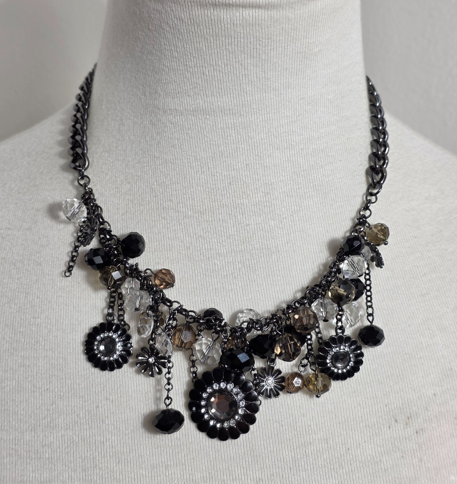 Metallic Black Charm Necklace Floral Pendants with Gray White & Black Beads