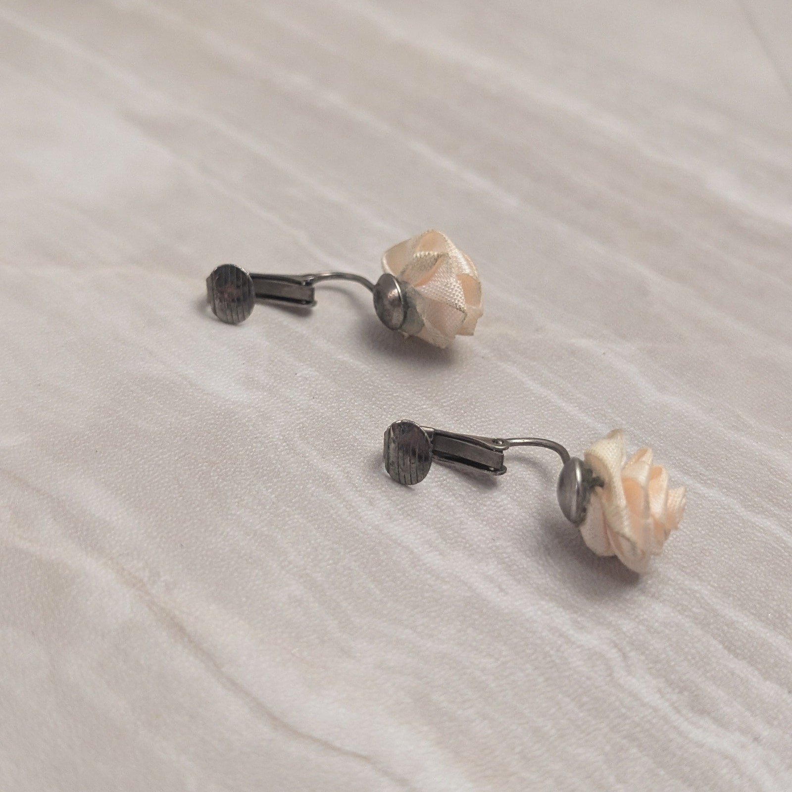 Vintage Clip On Earrings Very Light Peachy Pink Fabric Rose