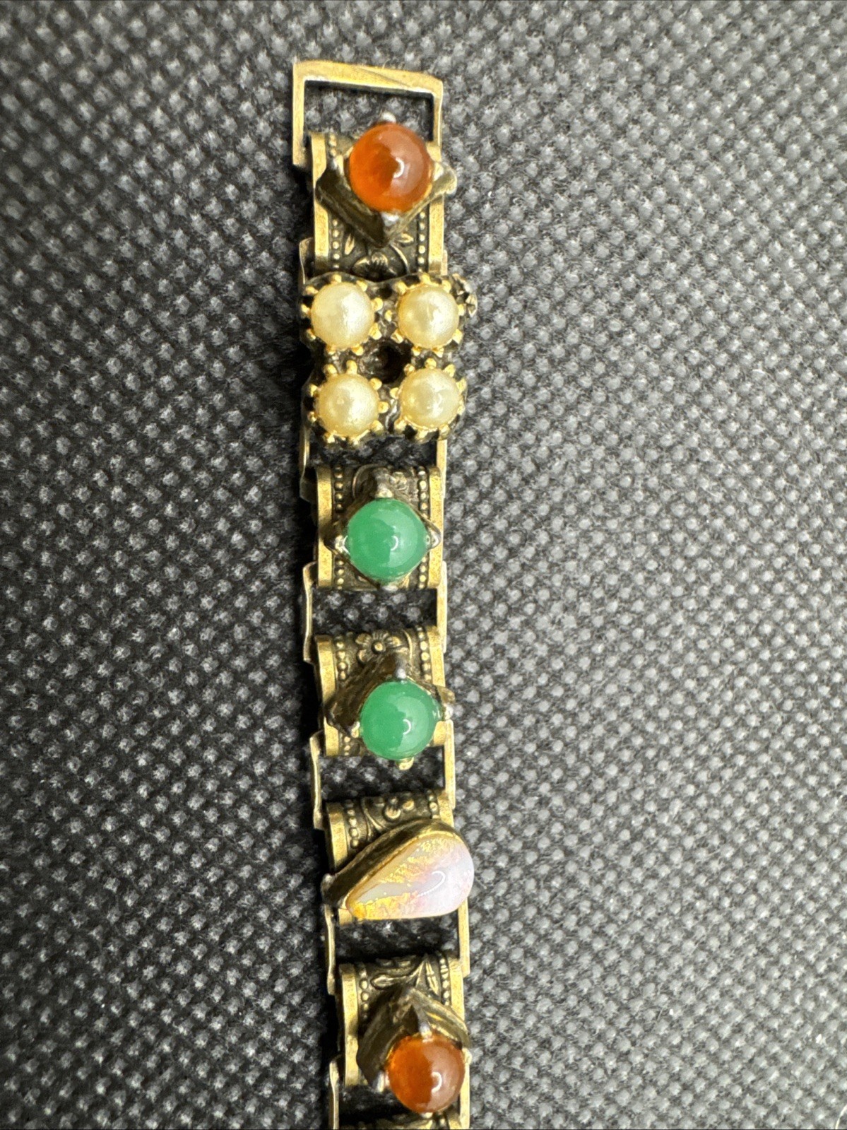CC1127 Vtg Victorian Revival Book Chain Bracelet Faux Pearl, Opal, Emerald, Ruby