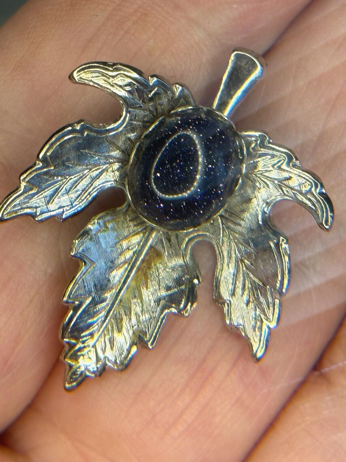 Vintage Maple Leaf Blue Goldstone Brooch / Pin Silver Tone with Safety Clasp