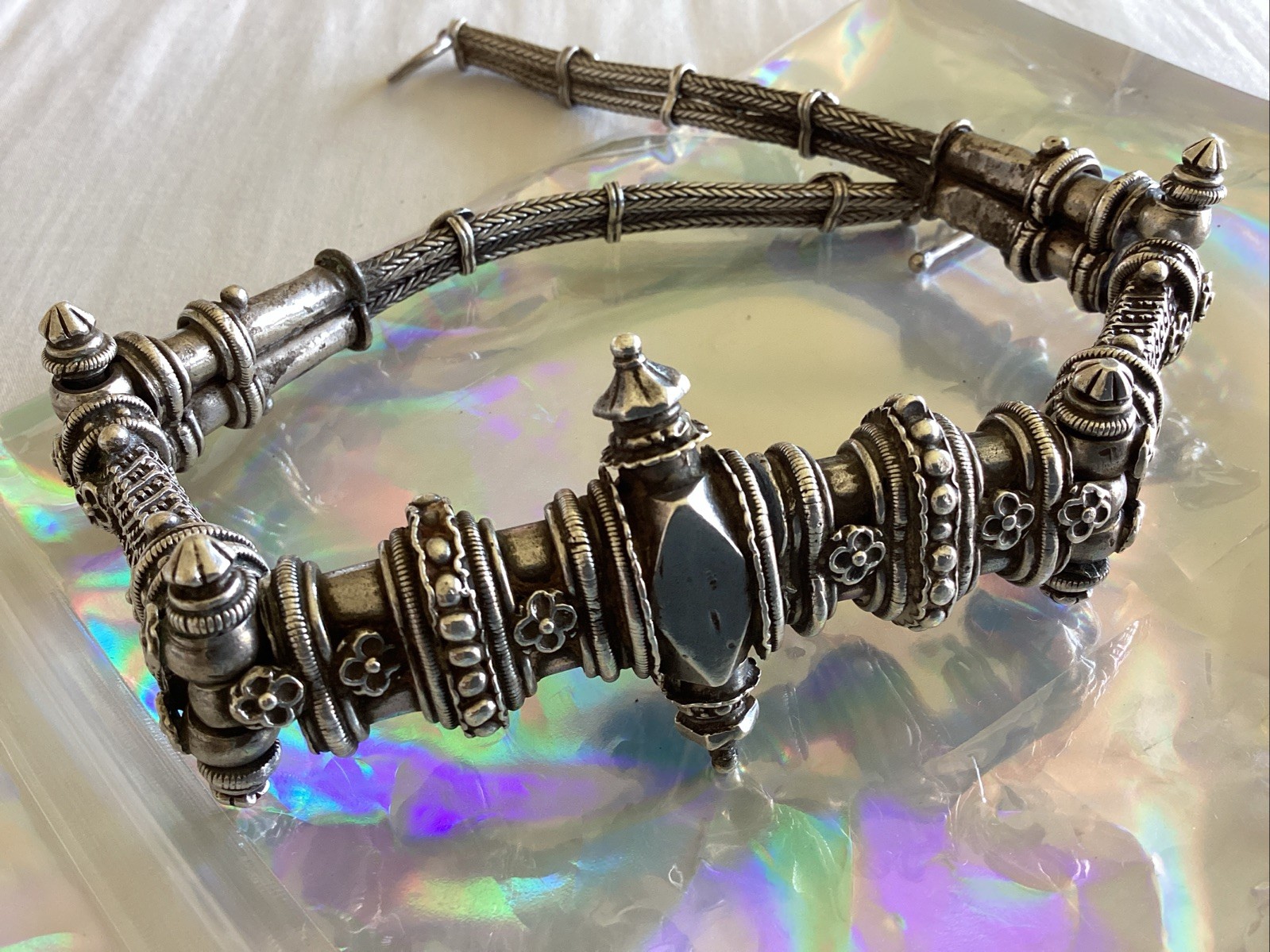 Vintage Heavy Silver Detailed Asian Indian Necklace Toggle Closure 186 Grams