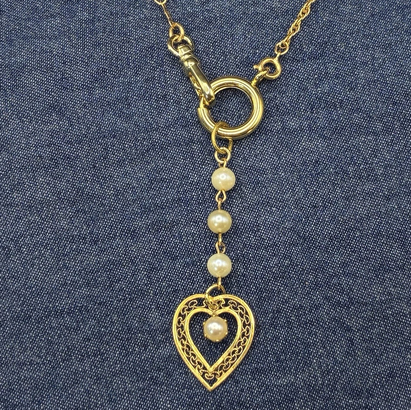 Stunning Vintage 12k Gold Filled Pocket Watch Chain FOB, Dog Clip, Heart Charm