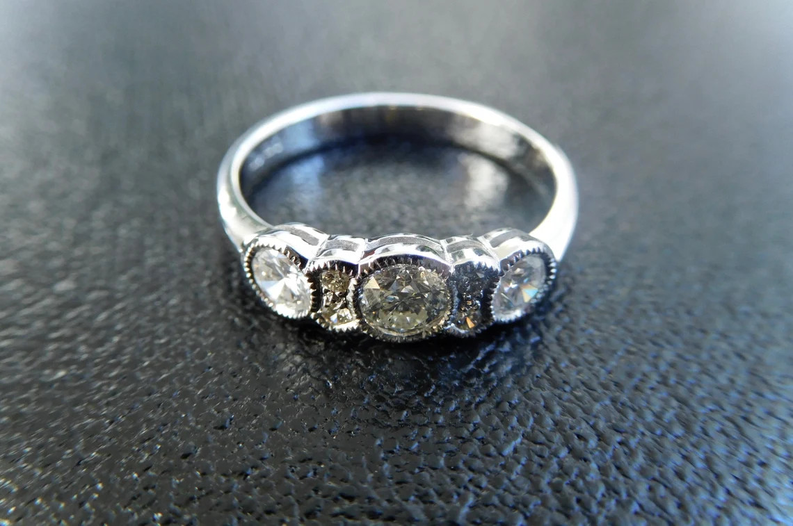 1 Ctw White Round Simulated Diamond Three Stone Art Deco Style 925 Silver Ring