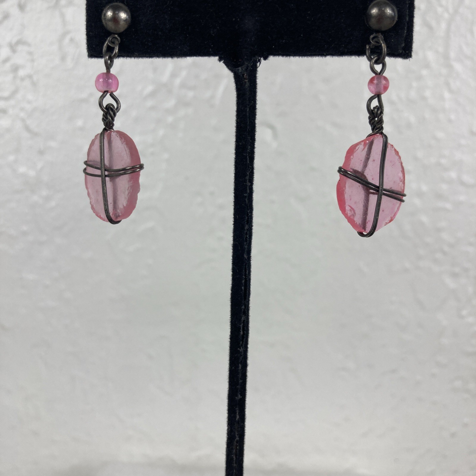 Vintage Wire-Wrapped Transparent Pink Glass Earrings Silvertone Dangle Drop Post