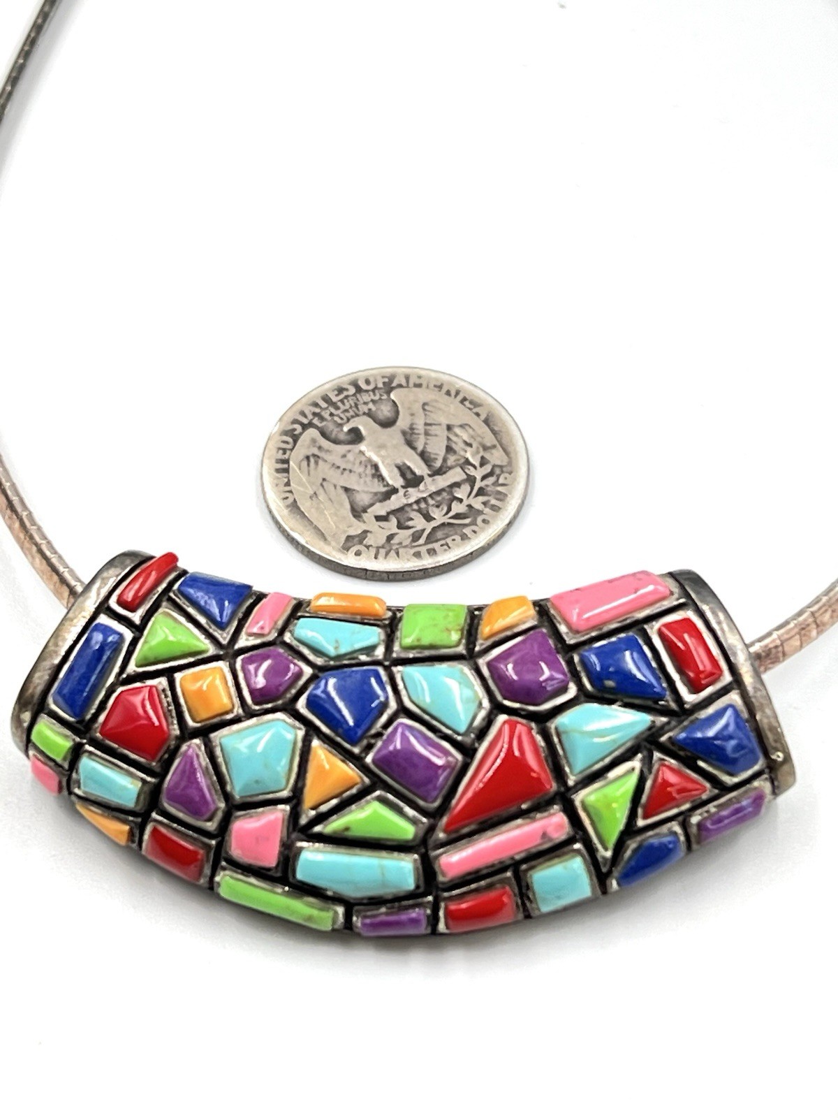Sterling Silver Mosaic Pendant Necklace Multicolor Inlay Vintage