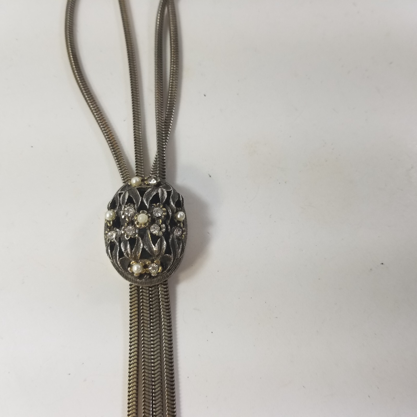 Vintage Silver Tone Rhinestone Oval Slide Pendant Necklace Lariat Bolo