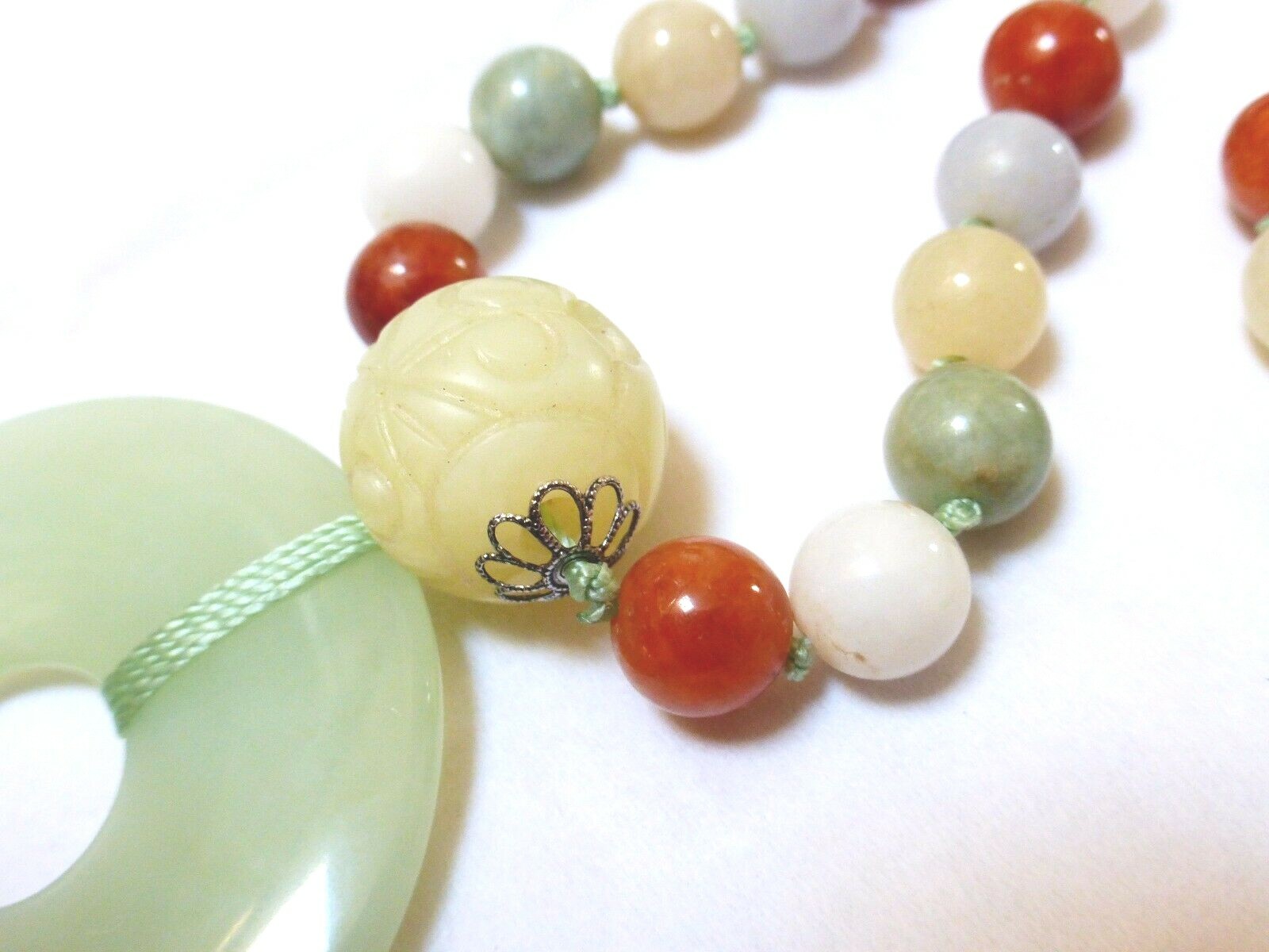 Vintage Chinese Multi-Color Jade 9mm Beads Necklace Pendant, Silver Clasp, 25″